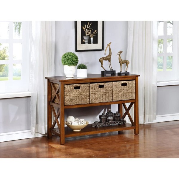 eHemco X-Side Console Sofa Table with 2 Storage Shelves and 3 Wicker Baskets, Coffee