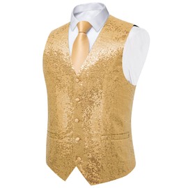 DiBanGu Mens Sequins Vest and Tie Set Solid V-Neck Shiny Dress Waistcoat Bowtie with pocket square for Prom Party Tuxedo, Champagne, X-Large