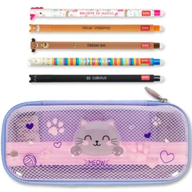 LEGAMI WonderWow Pencil Case & Erasable Pen | Set of 5 Cute Animal Pens with Thermosensitive Ink + 2-Compartment Pencil Case | Back to School Supplies for Girls, Boys, Kids (Kitty)