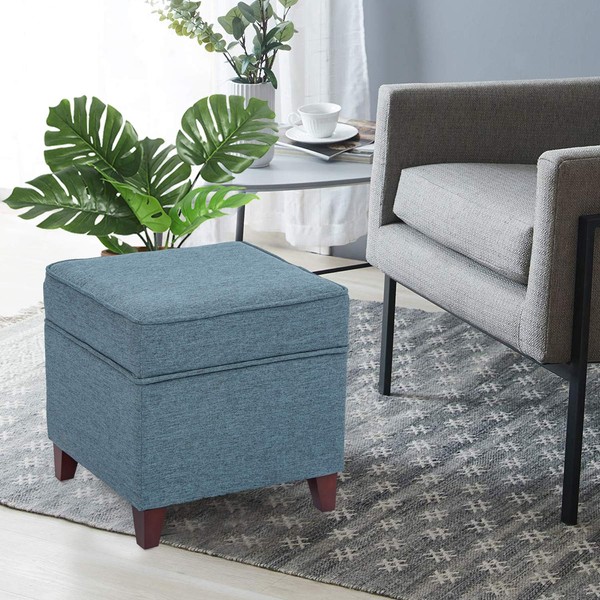 Homebeez 17.9 Inch Storage Ottoman Square Footrest Fabric Stool Bench with Wooden Legs for Living Room/Bedroom/Office (Teal)