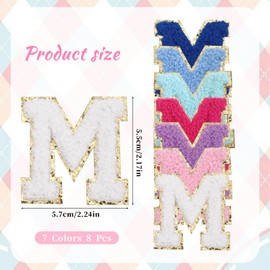 8PCS Chenille Letter Patches, Self Adhesive Letter Patches, Iron On Alphabet Patch, Stick on Fuzzy Letters with Gold Glitters Border, 7 Colors Alphabet M for Clothes, Bags and Fabric