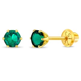 arete de tuerca redondos de oro amarillo de 14 quilates de 4 mm con piedra natal de imitación para niñas, pequeños aretes de tuerca para niños con cierre de rosca de seguridad, Metal, Circonia cúbica