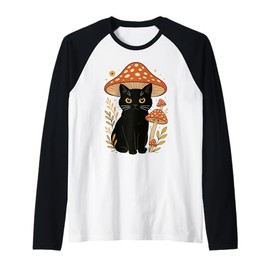 Aesthetic Cottagecore Black Cat Mushroom Hat Men Women Kids Raglan Baseball Tee