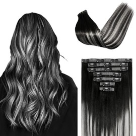 FUOTONBUTY Clip in Hair Extensions Real Human Hair 7 pcs Ombre Natural Black to Ice Grey Double Stitched Seamless Remy Human Hair Extensions Clip ins for Women