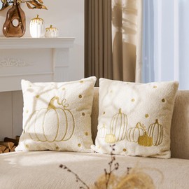 DN DECONATION Set of 2 Cushion Covers, Pumpkin, Autumn Decoration, 45 x 45 cm, Beige and Gold Cushion Covers, Teddy Pile Cushion Cover, Autumn Cushion, Sofa Cushion Cover for Living Room, Bedroom, Bed