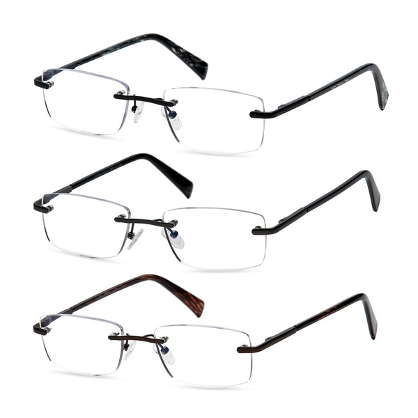 Paquete de 3 gafas de lectura sin montura con bloqueo de luz azul para hombres, a la moda, ligeras, lectores para hombre con bisagra de resorte, Paquete con 3, 1.0 Magnification