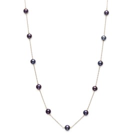 10k Yellow Gold Black Cultured Freshwater Pearl Chain Station Tin Cup Necklace, 18"