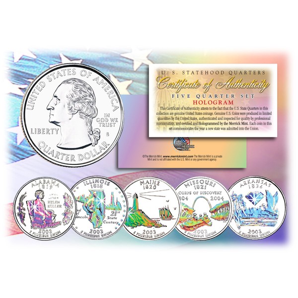 2003 US Statehood Quarters HOLOGRAM 5-Coin Complete Set w/Capsules & COA