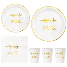 Crisky Gold Miss to Mrs Napkins Plates Cups Set for Bridal Shower Engagement Bachelorette Party Decorations Party Supplies, Disposable Tableware Set of 24 (9" & 7" Plates, Luncheon Napkin, 9oz Cups)