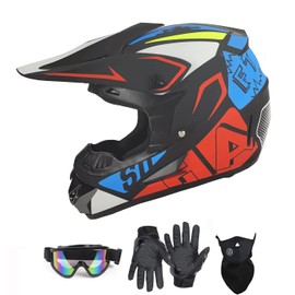 Youth Adult Anti-Collision Dirt Bike Helmet Trend Skull ATV DOT Approved BMX Helmet SUV Goggles Gloves Face Shield,Dirt Bike Downhill Off-Road Mountain Bike Helmet 4-Piece Set （Z BlueWhite,Medium）