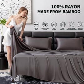 SilkWings Queen Bed Sheet Set -Genuine 100% Organic Viscose Derived from Bamboo, Luxuriously Soft & Cooling, Deep Pocket 16" Hotel Bedding Sheet Set Charcoal Grey