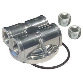 Derale 15756 Oil Filter Adapter, Bypass, Block Mount, 20 x 1.5 mm Center Thread, 1/2 in NPT Inlets, 1/2 in NPT Outlets, Aluminum, Polished, Kit
