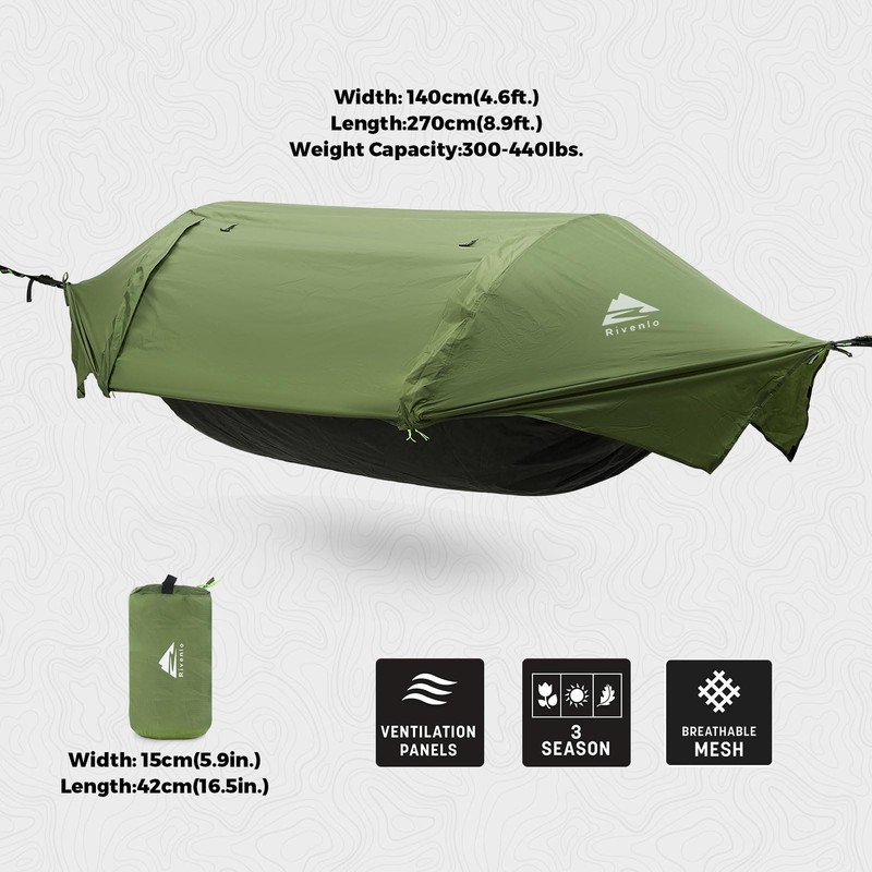 Rivenlo Camping Hammock Tent with Mosquito Net & RainFly, 3
