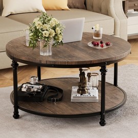 GAOMON Round Coffee Table Rustic Center Table with Storage Shelf 2-Tier Industrial Accent Center Table Wood Circle Coffee Table with Sturdy Metal Legs, Easy Assembly