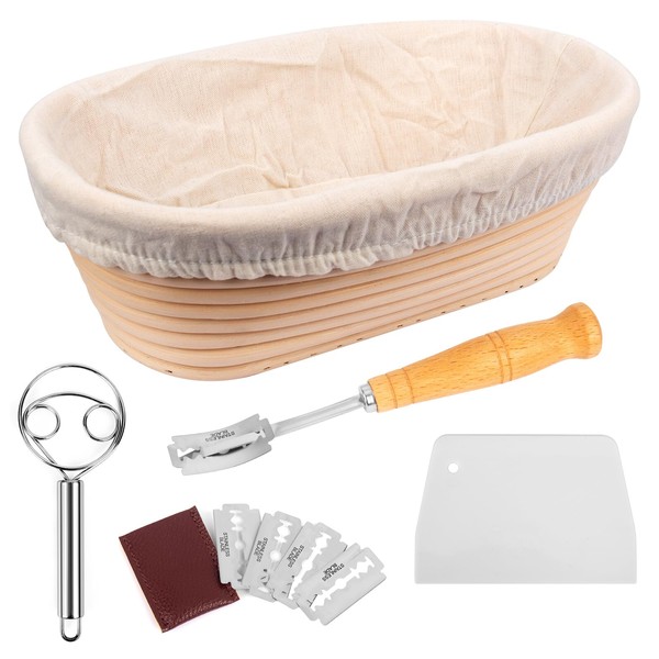 10 inch Bread Proofing Basket Set 100% Natural Bread Banneton Proofing Basket Oval Banneton Bowl Sourdough Bread Making Tools with Dough Whisk, Linen Liner Cloth, Dough Scraper, Bread Lame & Blades