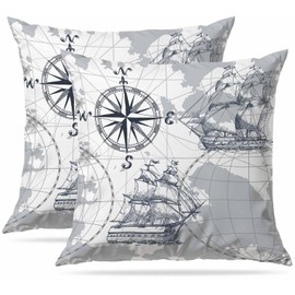 Cushion Covers 40 x 40 cm Set of 2 Pack Soft Short Plush Decorative Square Throw Pillow Case Pillowcases for Sofa Bedroom Outdoor Home Office Car Decor with Invisible Zipper Nautical Sailboat Map