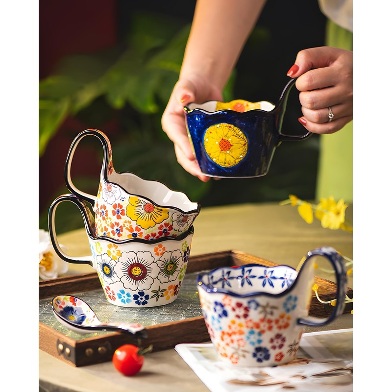 Moqidadii Hand-Painted Ceramic Mug Bowl Set – 16oz Artistic Soup
