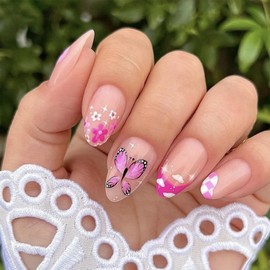 SINHOT Almond Press on Nails Medium - White Flower Star & Pink French Tip Stiletto Nail Art, DIY Fake Nails with Glossy Glue on Nails, 24Pcs