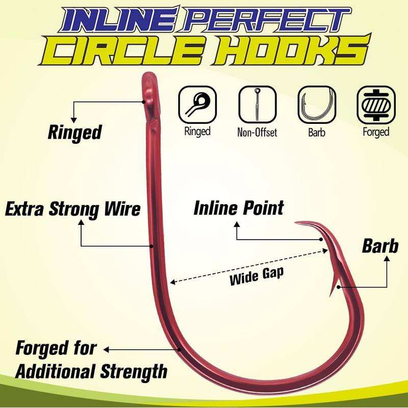 LURELINK-Inline-Circle-Hooks-Saltwater-for-Catfish-Bass-Octopus-Hooks-Fishing-Hook-Freshwater 50 Pack (5/0 50-Pack, Red)