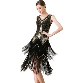 RZTA Women Flapper Dresses 1920s V Neck Beaded Fringed Great Gatsby Club & Night Out Dresses 01A Black,Gold X-Large