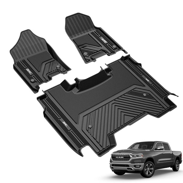 3W Floor Mats Fit for 2019-2024 Dodge Ram 1500 Crew Cab New Body (NOT Classic Models) Without Storage, TPE All Weather Custom Fit Floor Liner for Ram 1500, 1st and 2nd Row Full Set Car Mats