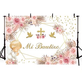 AIBIIN 7x5ft MI BAUTIZO Photography Backdrop Angle God Blessing Pink Flower Glitter Dot Baptism Theme Portrait Decoration Professional Backdrop Studio Booth Prop Supplies