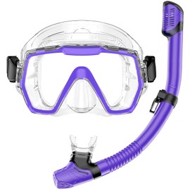 Snorkel Set Adults Snorkeling Gear Anti-Leak and Anti-Fog Tempered Glass Lens Panoramic View Swim Mask Dry Top Snorkel Kit for Snorkeling Scuba Diving Swimming Travel with Carry Bag
