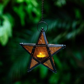 Star Lantern Hanging Glass Star Orange Decoravtive Lantern Candle Holder for Home Patio Garden Decoration Orange