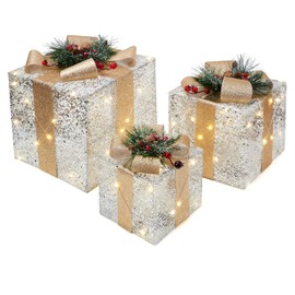 Garveehome Set of 3 Christmas Lighted Gift Boxes, Pre-Lit Gift Present Boxes with Ribbons and Bows, Light Up Xmas Ornaments for Indoor Outdoor Christmas Tree, Home, Yard, Lawn