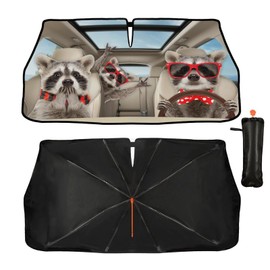 CHILL·TEK Funny Animals Car Windshield Umbrella, Raccoons Sun Shade Umbrellas for Car Front Window, Block UV Rays Foldable Windshield Umbrella Sun Visor Protector-Keep Vehicles Cool for Most Vehicles
