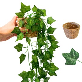 Artificial Realistic Hanging Ivy Plant, 3 Branches 82" Long, with Woven Pot 5", Plants for Home Decoration, Office, Kitchen & Living Room