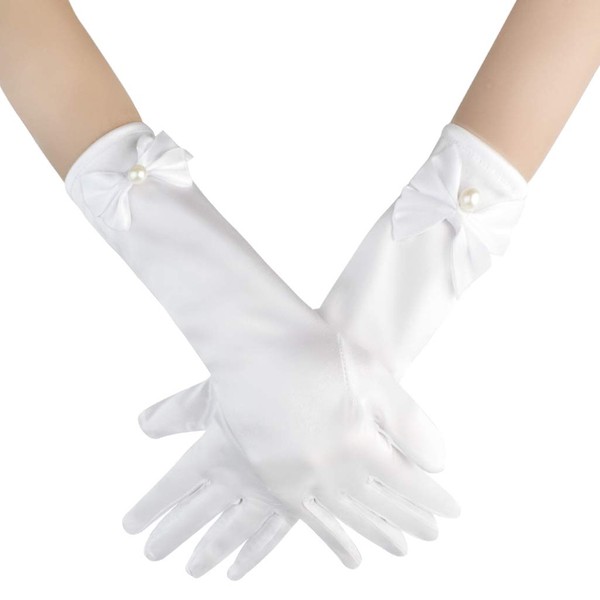 Yolyoo Girls Princess Gloves,Girl White Long Satin Princess Dress Up Diamonds Bows Gloves for Birthday,Wedding, Costume Party (White)