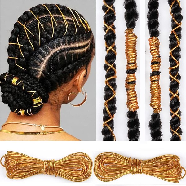 Gold Dreadlock Braids Hair Accessories, 2 Pieces 5M Braiding Hair Deco Styling Shimmer Stretchable African Braid Braided Elastic Cord Ornament Hanging Decorating Gift Wrapping