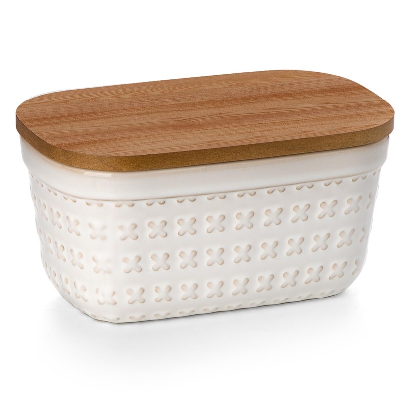 Nucookery Ceramic Butter Dish, Embossed Butter Keeper with Wood Lid