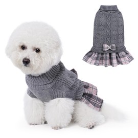 YUDODO Dog Sweater Dress for Small Dogs with Bowtie Turtleneck Knitted Dog Dress Pet Dog Winter Clothes Warm Sweater for Yorkies Chihuahua(Small,Grey)