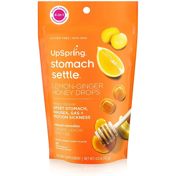 UpSpring Stomach Settle Individually Wrapped Drops for Nausea, Gas, Bloating, Morning & Motion Sickness Relief, for Tummy with Ginger, Lemon, Spearmint, Honey and B6, 28 Count