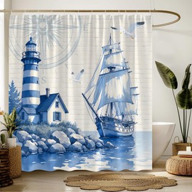 Nautical Shower Curtain Ocean Beach Lighthouse Sail Boat Vintage Fabric Bathroom Decor Sets with Hooks,71W"x71H"