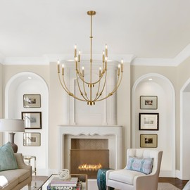 ACANER 12-Light Brushed Gold Large Chandeliers for High Ceilings, 35 inch Candle Style Rustic Pendant Light Fixture for Entryway Living Room Foyer