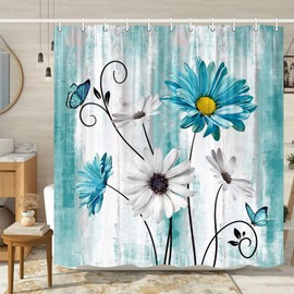JAWO Shower Curtains, Teal Daisy Shower Curtain Farm Floral Shower Curtain Rustic Farmhouse Shower Curtain, Turquoise Blue Shower Curtain with Hooks, 72X72 Inches(Teal)