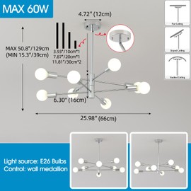 HHR Modern Sputnik Chandelier, Industrial 8-Light Chrome Ceiling Light Fixture, Height Adjustable Lighting for Kitchen Island,Bedroom Dining Room Living Room Farmhouse