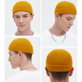 Swag Wool Knit Cuff Short Fisherman Beanie for Men Women, Spring Fall Winter Warm Hats, Trawler Skull Cap, Watch Cap Yellow
