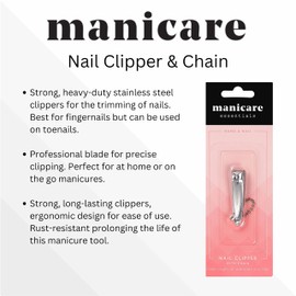 Manicare Small Nail clipper With File And Chain,Quality Stainless Steel For Precisie Trimming Of Fingernails,Perfect For Handbag Or Travel For Manicures And Pedicures, 5cm Long, 2mm Cut Width
