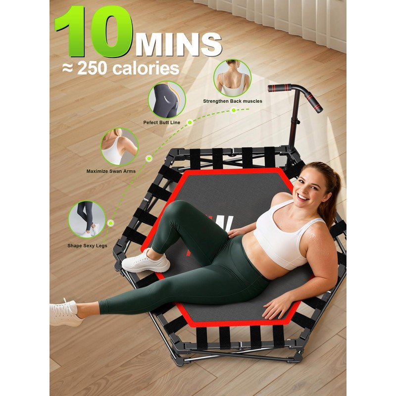 FitNexus 42" Foldable Mini Trampoline- 450lb Capacity Fitness Rebounder w/3-Level