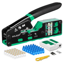 Solsop RJ45 Crimp Tool Pass Through - Cat6 Crimping Tool for Cat5 Cat5e Cat6 8P8C Connector, All-in-one RJ45 Crimping Tool and LAN Tester