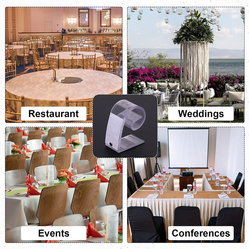 WedDecor Plastic Tablecloth Clips with Hook & Loop Strips, Transparent