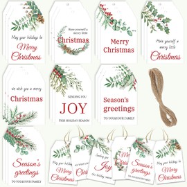 Lonfliness 240Pcs Christmas Gift Tags with String Attached Xmas Holly Berry Paper Tags Merry Christmas Holiday Hanging Label Seasonal Gift Tag for Presents Xmas Winter DIY Party Favor Decor, 12 Design