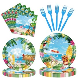 96 Pieces Hawaiian Luau Disposable Tableware Set - Tropical Aloha Party Supplies with Paper Plates, Napkins, Forks for Summer Celebrations, Beach Gatherings, and Luau Decorations