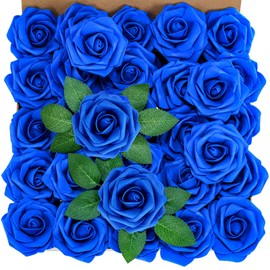 Winlyn 50 pcs Real Touch Blue Roses with Stems & Silk Leaves Bulk Artificial Flowers for Weddings Centerpieces Floral Arrangements Party Decorations Baby Showers Birthday Anniversaries DIY Crafts