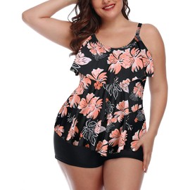 Yonique Women's Plus Size Tankini Swimsuits with Shorts Two Piece Bathing Suits Ruffle Swimsuits Tummy Control Swimwear, Orange Floral, 18 Plus