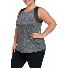 MTICFMY Plus Size Workout Tank Tops for Women Loose Fit, Athletic Sleeveless Shirts with Mesh, Long Black Summer Yoga Tunic Gym Clothes 5X